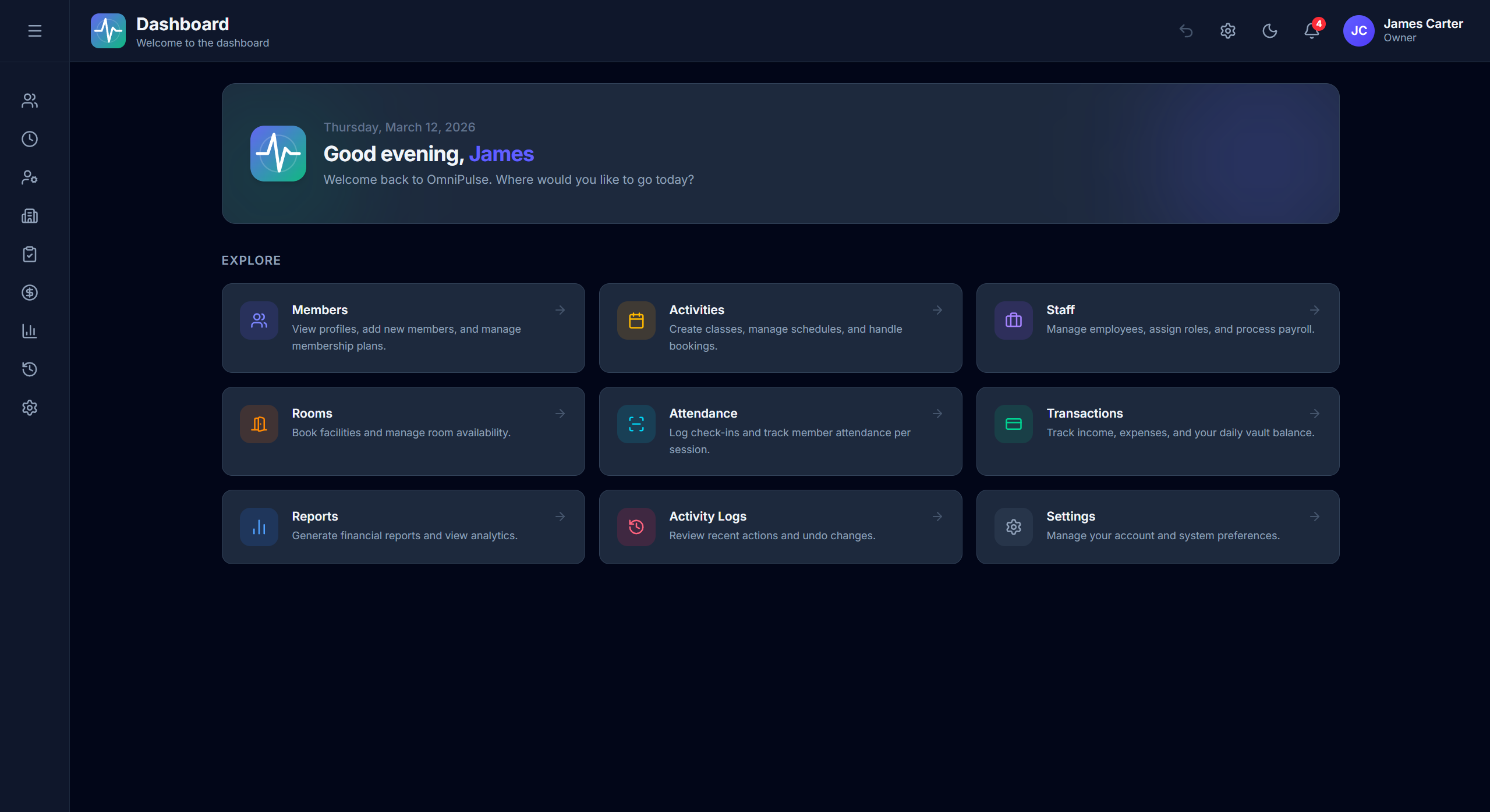 OmniPulse gym management dashboard showing membership stats, revenue charts, and activity overview