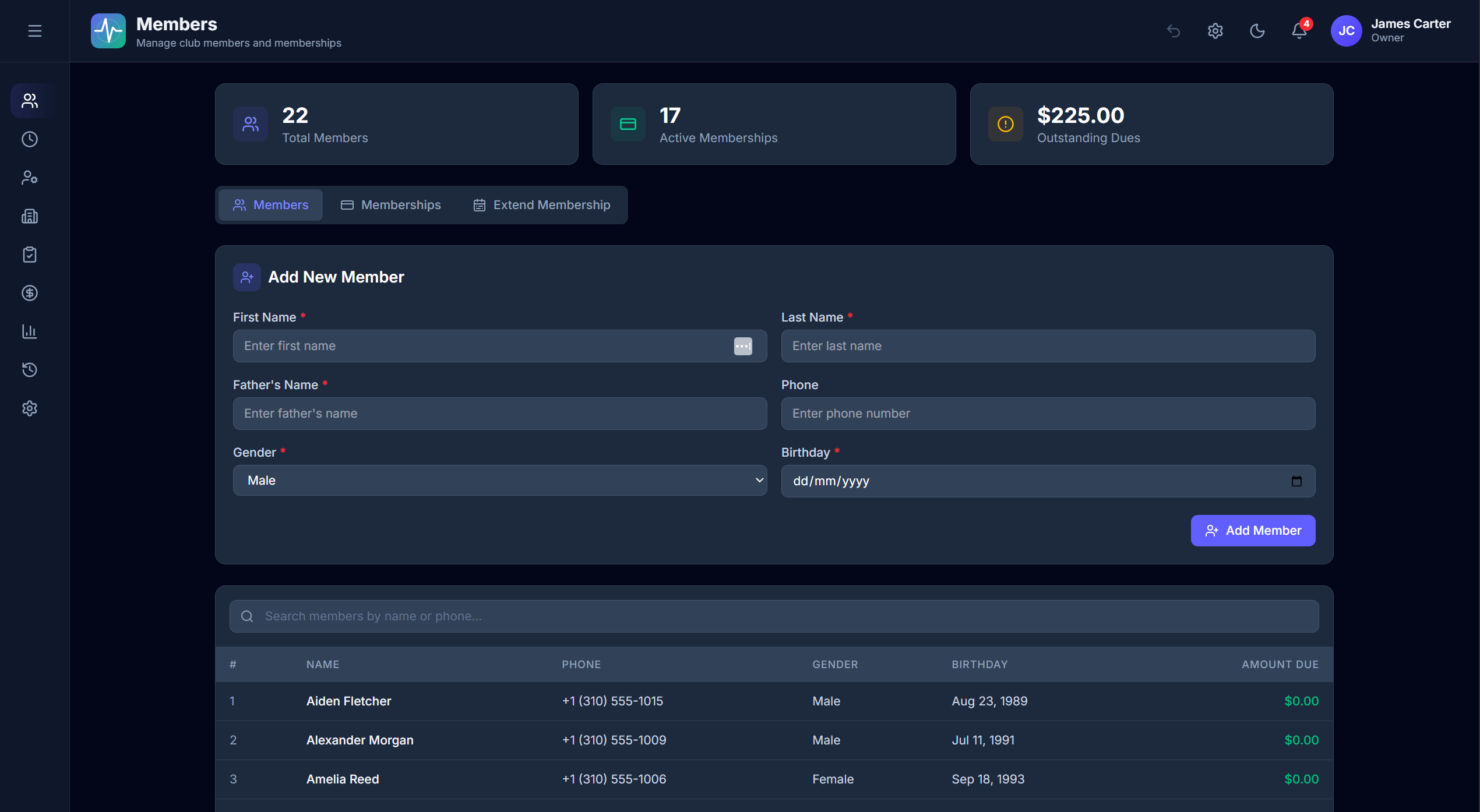 OmniPulse member management page with member profiles, badge assignment, and dues tracking